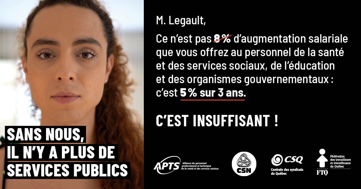Image L’APTS, la CSN, la CSQ et la FTQ répondent publiquement à la campagne publicitaire trompeuse du gouvernement Legault