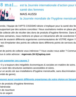 28 mai 2024- Annonce du Projet collecte de produits d'hygiène féminine 28 mai 2024- Annonce du Projet collecte de produits d'hygiène féminine