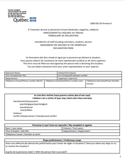 Annex 5 Declaration Form for harassment or violence in the workplace