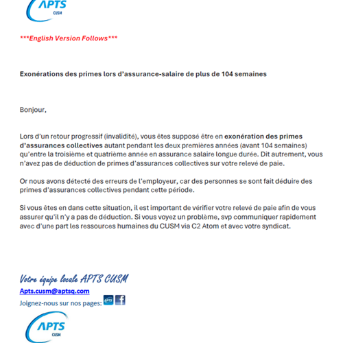 Prime d'assurance-salaire - APTS Prime d'assurance-salaire - APTS