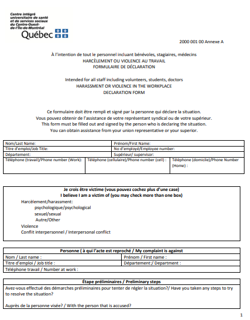 Annexe 5 Formulaire de déclaration Harcèlement ou violence au travail