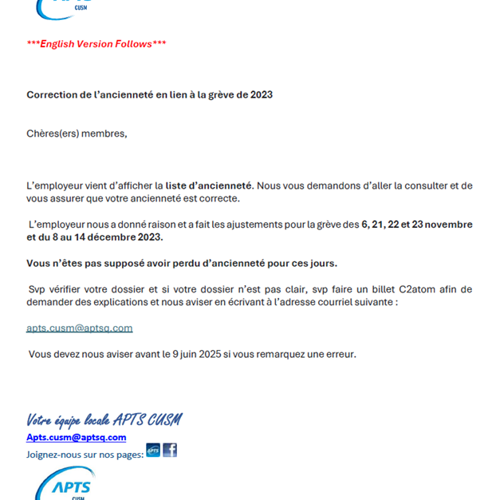 Correction de l'anciennete en lien avec la grève de 2023 / Correction of seniority related to the 2023 strike - APTS Correction de l'anciennete en lien avec la grève de 2023 / Correction of seniority related to the 2023 strike - APTS