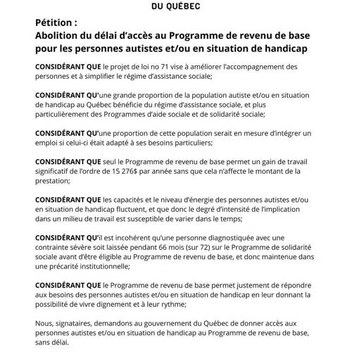 Pétition / Abolition du délai d’accès au Programme de revenu de base pour les personnes autistes et/ou en situation de handicap - APTS