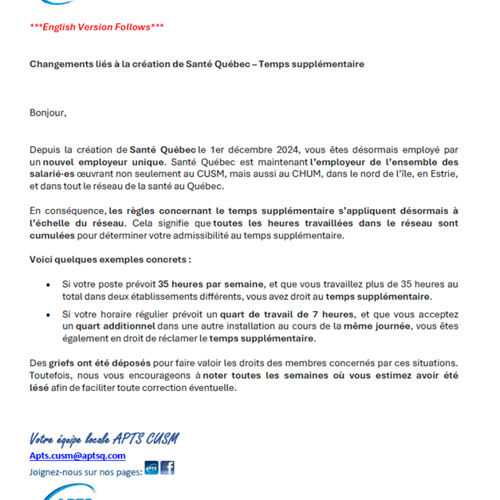 Sante Quebec - Temps supplementaire - APTS Sante Quebec - Temps supplementaire - APTS