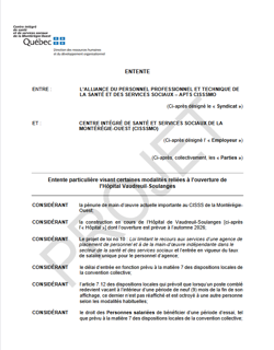 (Projet) - Entente particulière visant certaines modalités reliées à l’ouverture de l’Hôpital Vaudreuil-Soulanges (Projet) - Entente particulière visant certaines modalités reliées à l’ouverture de l’Hôpital Vaudreuil-Soulanges