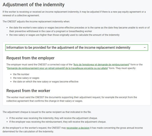 Adjustment ot the indemnity