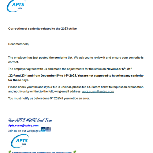 Seniority Correction - APTS Seniority Correction - APTS