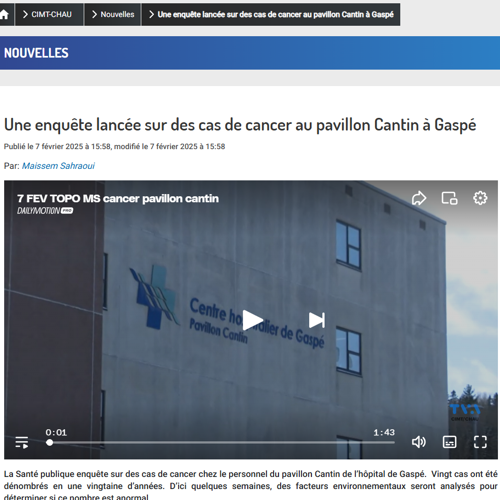 Une enquête lancée sur des cas de cancer au pavillon Cantin à Gaspé - APTS