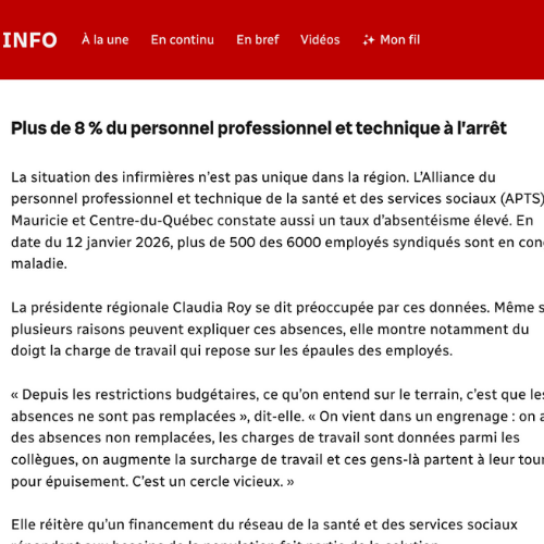 Plus de 10 % des infirmières manquaient à l’appel à l’automne au CIUSSS MCQ - APTS