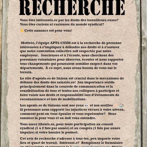 Avis de recherche d'agent de liaison / Liaison Officer Wanted - APTS Avis de recherche d'agent de liaison / Liaison Officer Wanted - APTS