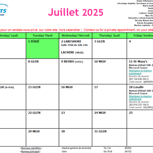 CALENDRIER DES PRESENCES SYNDICALES DE JUILLET 2025 / JULY 2025 UNION PRESENCES CALENDAR - APTS CALENDRIER DES PRESENCES SYNDICALES DE JUILLET 2025 / JULY 2025 UNION PRESENCES CALENDAR - APTS
