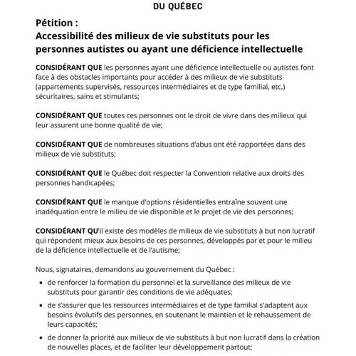 Pétition - Accessibilité des milieux de vie substituts pour les personnes autistes ou ayant une déficience intellectuelle - APTS