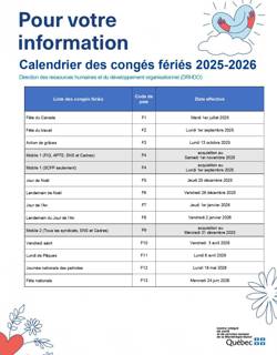 Calendrier des journées fériées 2025-2026