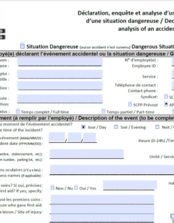Formulaire de déclaration d'un accident ou situation dangeureuse / Accident or Dangerous Situation Declaration Form Formulaire de déclaration d'un accident ou situation dangeureuse / Accident or Dangerous Situation Declaration Form